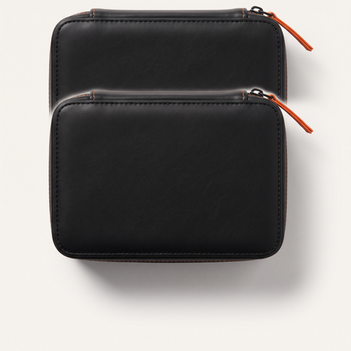 FoldGem sieraden reisorganizer, gesloten, zwart vegan leer met oranje rits