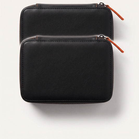 FoldGem sieraden reisorganizer, gesloten, zwart vegan leer met oranje rits