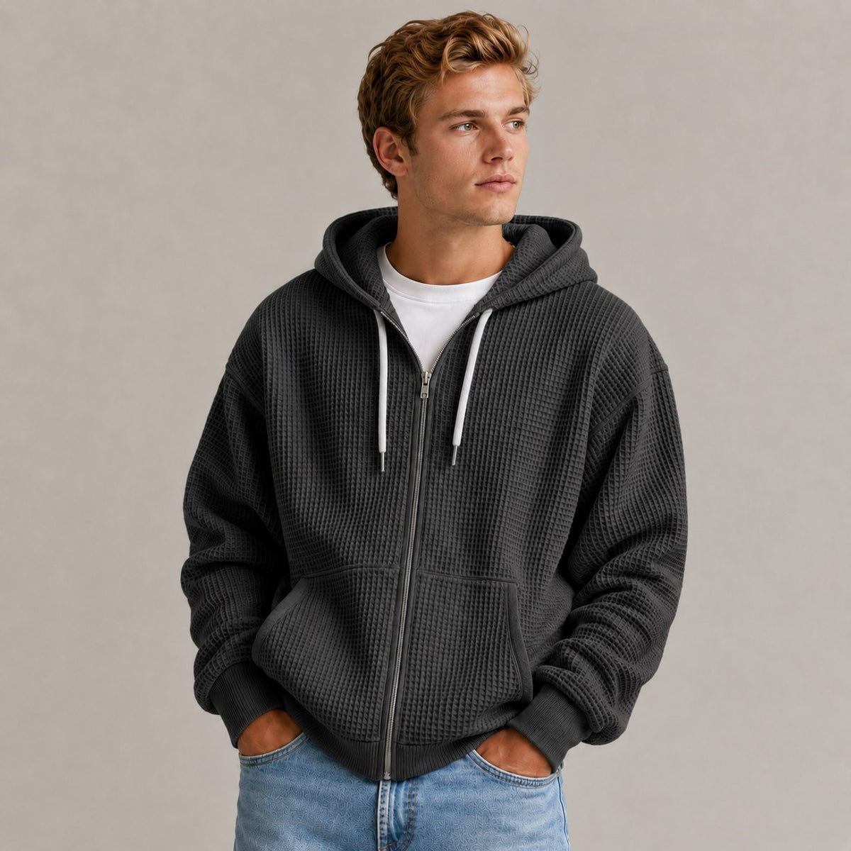Wafelstructuur hoodie heren - antraciet